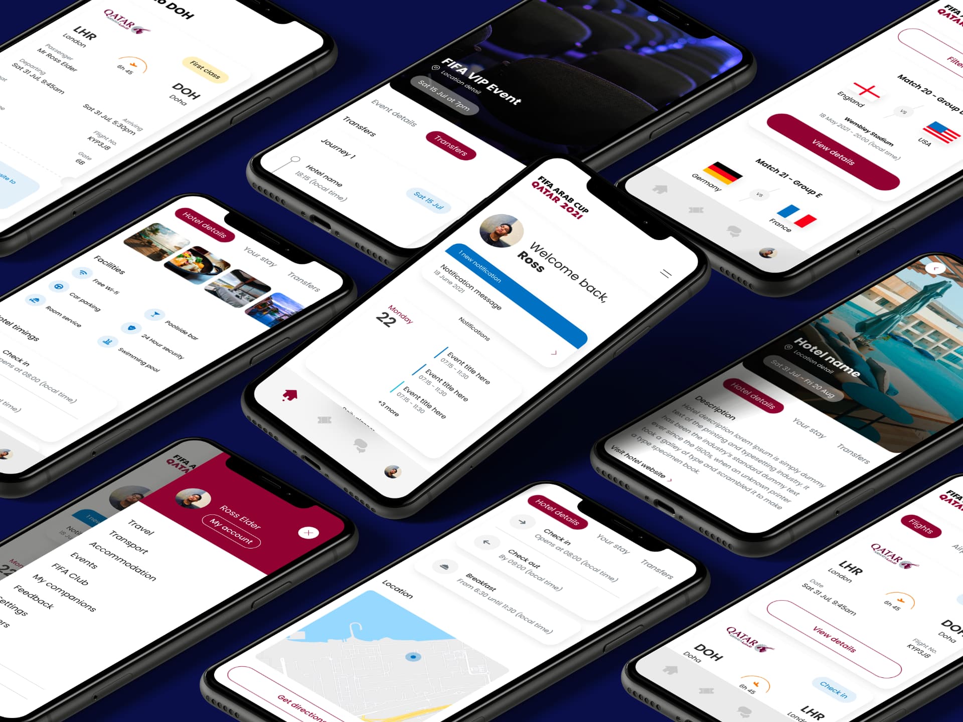 FIFA Arab Cup Qatar 2021 guest app interface on isometric iPhones