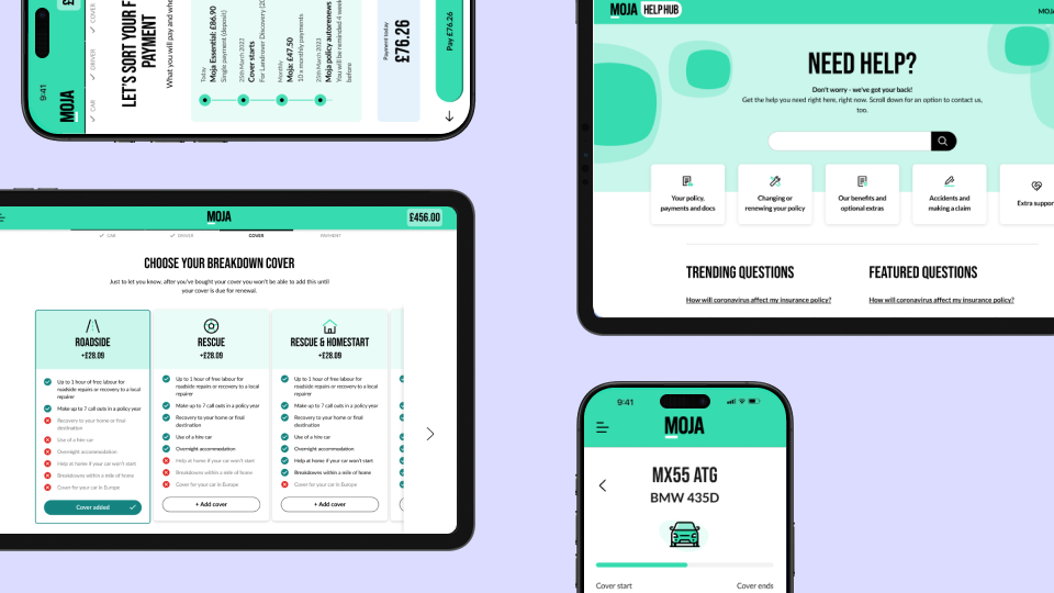 Moja purchase, payment, help and policy journeys shown across phones and tablets
