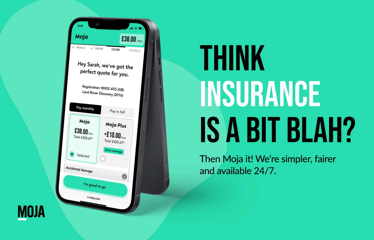 Moja Facebook post — think insurance is a bit blah? Then Moja it, simpler, fairer and available 24/7